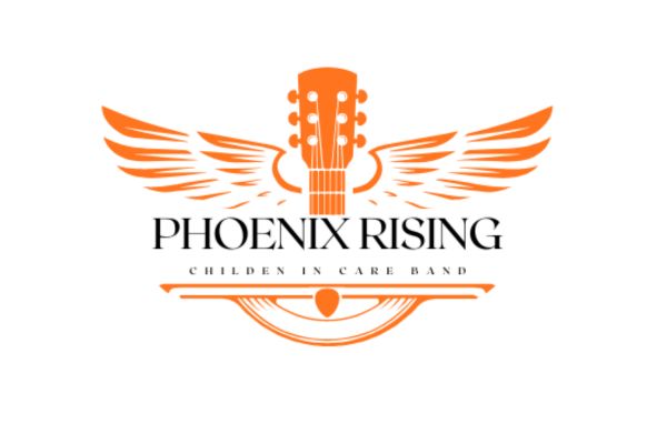 Pheonix rising children in care bamd logo - an image of a orange guitar fret with angel wings