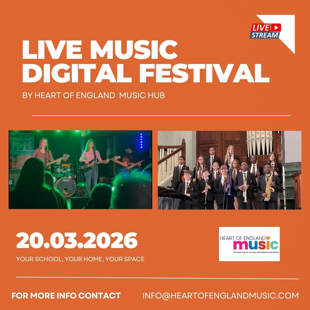 images of young people playing in a rock band and standing in school unform holding woodwind and brass instruments, with the words Live Music Digital Festival 20 Mach 2026