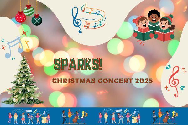 Sparks Christmas concert on a background of baubles with a snowy christmas tree