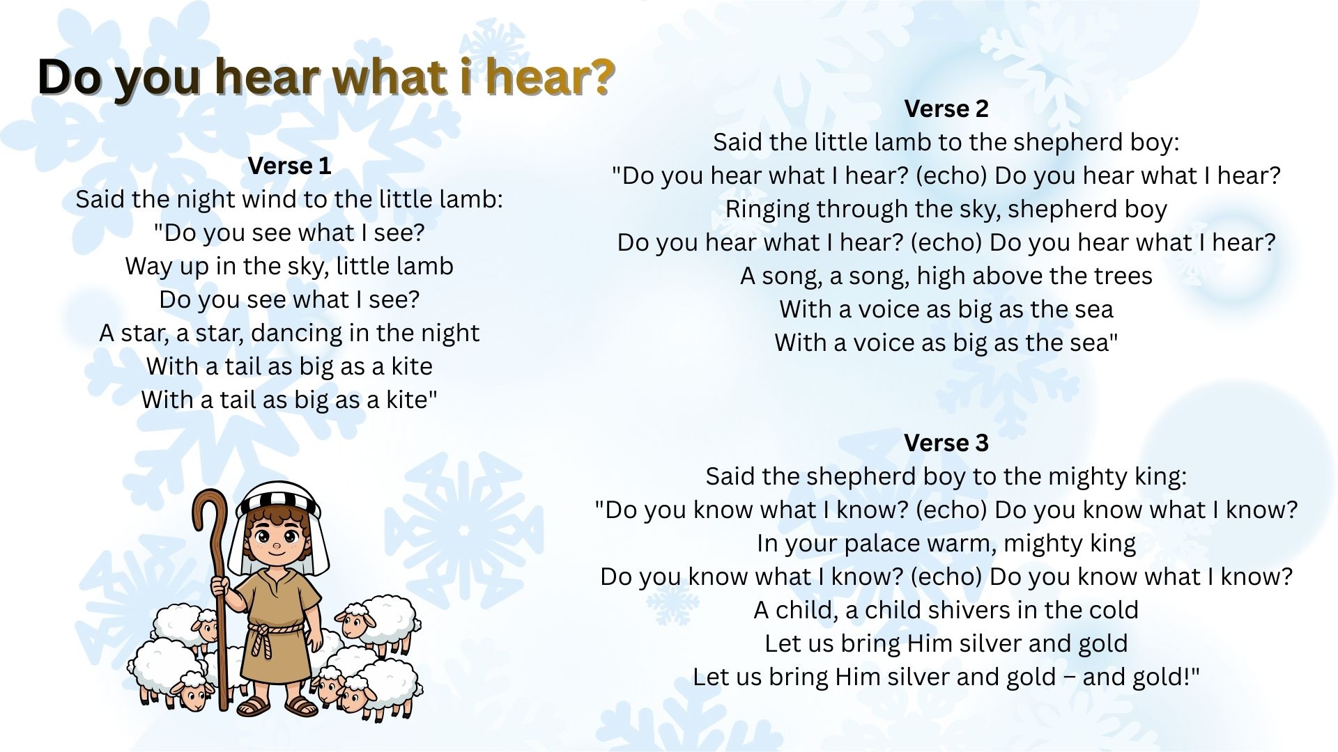 do you hear what i hear lyrics for christmas concert 2025 with images of a little shepherd boy and some sheep - click to hear