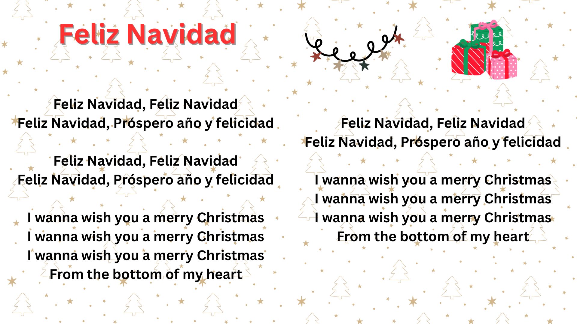 the lyrics for Feliz navidad with images of a pile of presents and some christmas lights