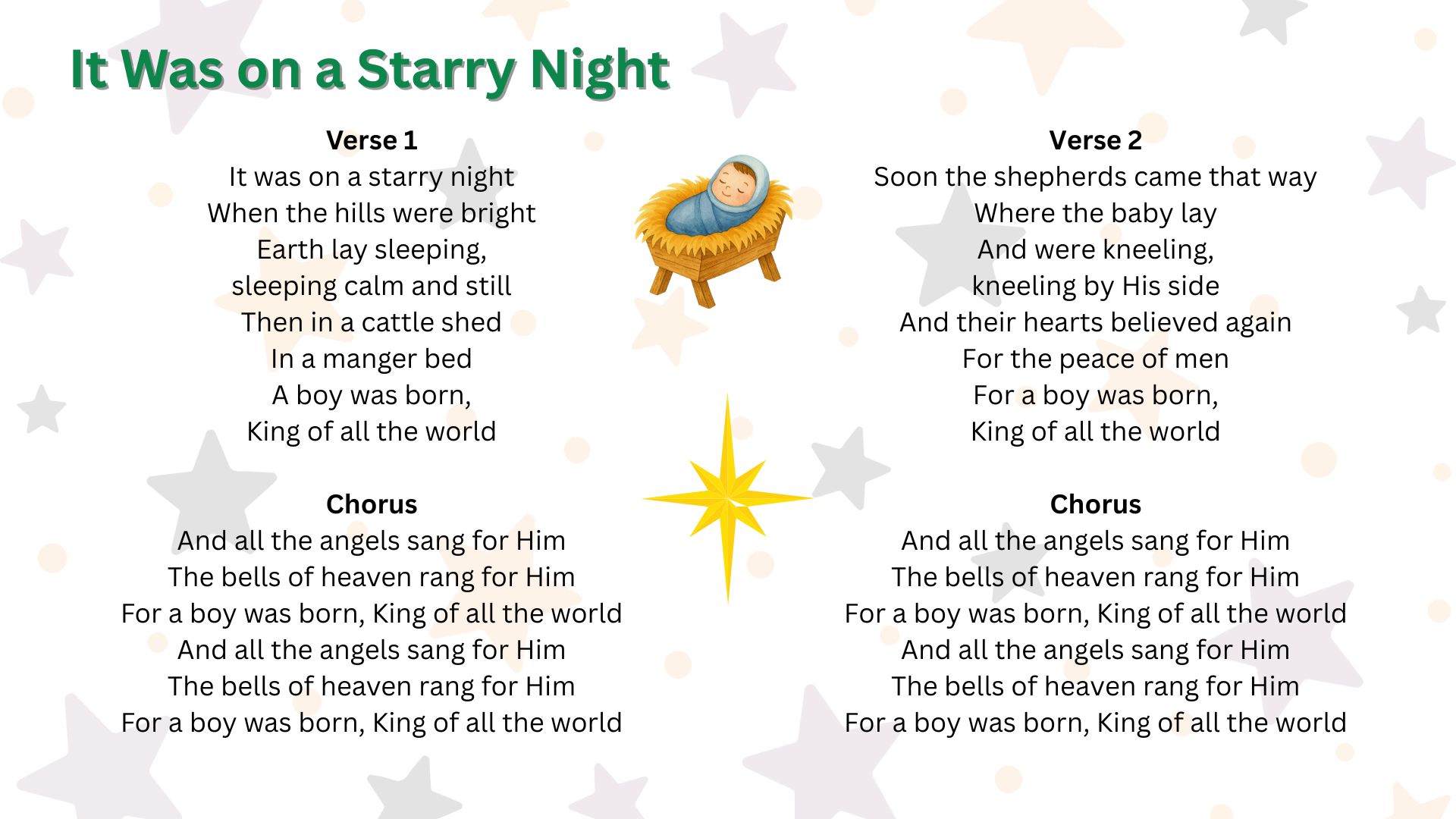 It was on a starry night lyrics for christmas concert with images of a star and baby jesus in a manger - click to hear