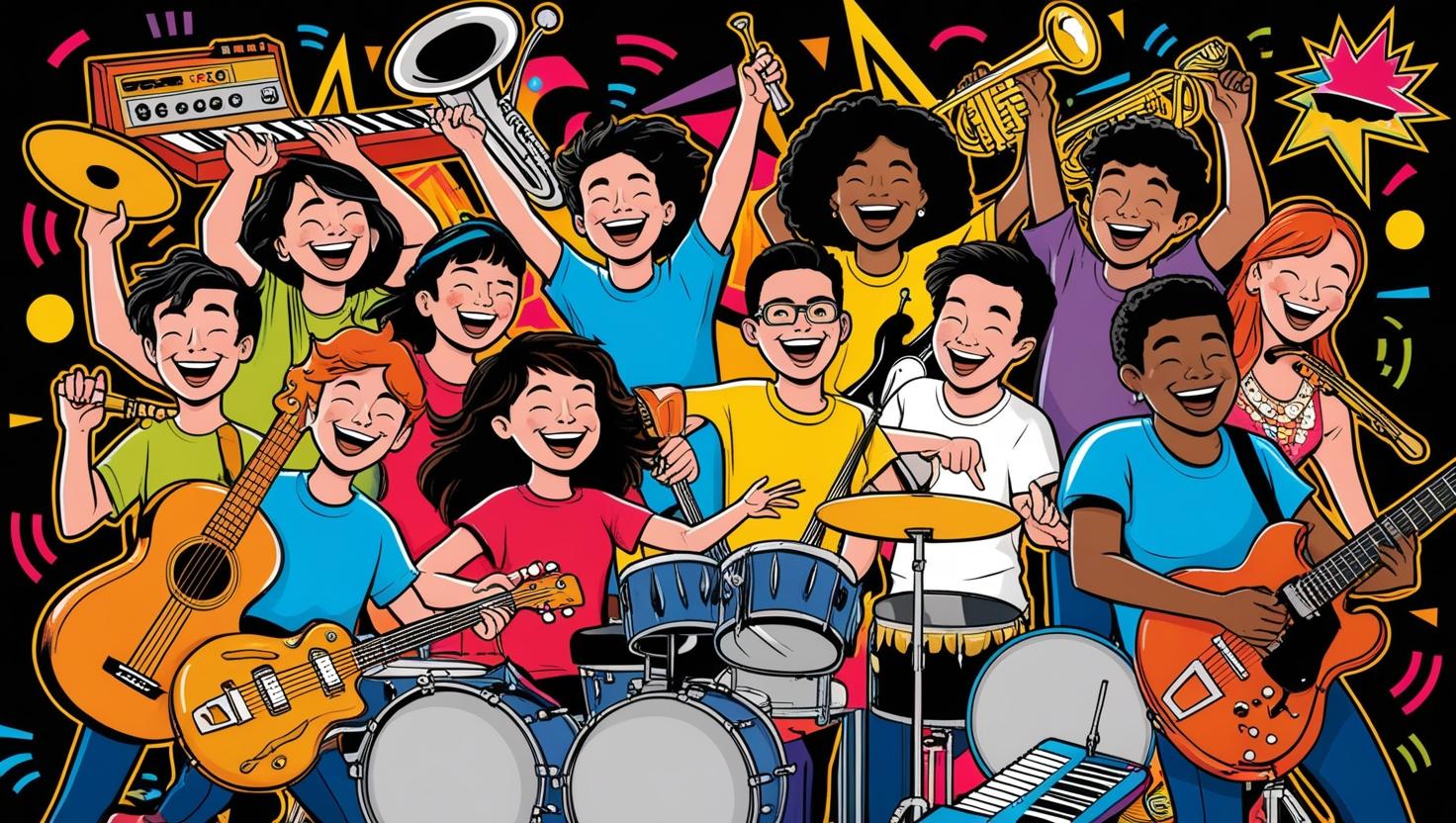 cartoon image of a group of children in a band
