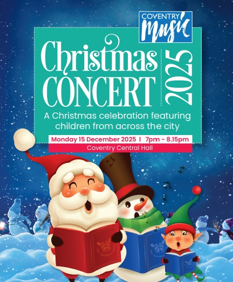 cute cartoon santa, snowman and elf holding books and singing with a snowy background