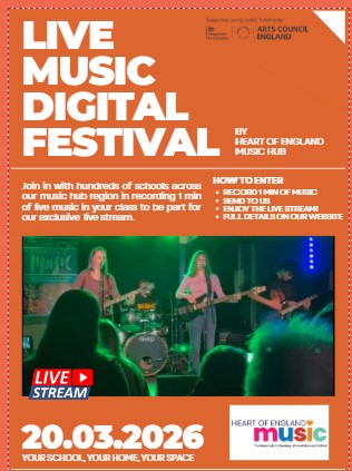 orange background with a photo of a young group of musicians playing as a band in a stage with green stage lighting