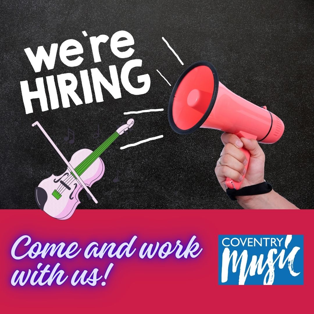 a hand holding a megaphone with the words we're hiring coming from it and a pink violin and bow. With the text "come and work with us!!"