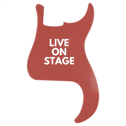 red guitar outline with the words Live on Stage