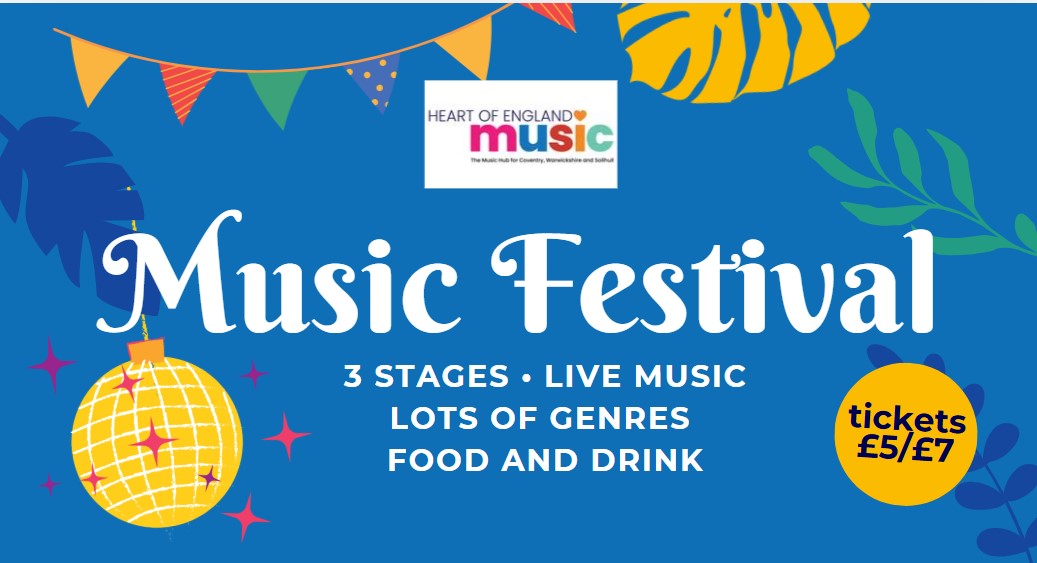 blue background with images of a disco ball and colourful bunting and the words Music Festival