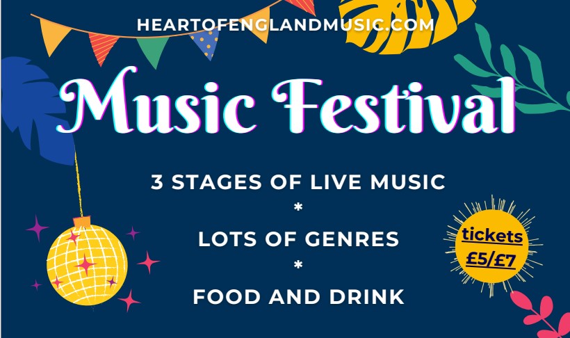 music festival with images of colourful bunting and a disco ball