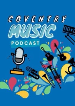 podcast image with icons of a microphone, musical instruments and colourful splodges