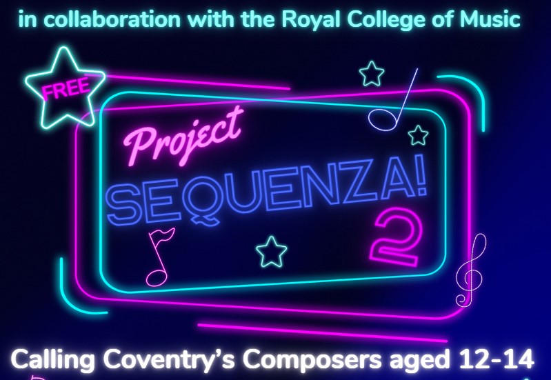 neon pink and blue shapes with the words project Sequenza! 2 in neon glowing lettering