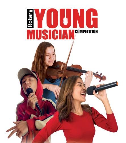 words Rotary Young Musician Competition and image of a girl and a boy dressed in red singing into a microphone and a young girl playing a violin