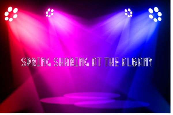 bright pink and purple spotlights shining down on a stage creating pools of light with the words spring sharing at the Albany