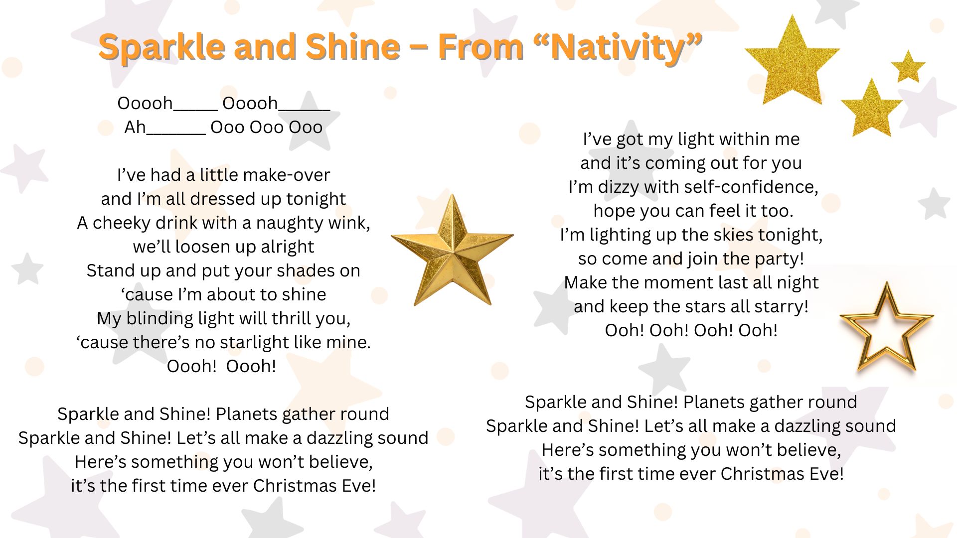sparkle and shine from nativity lyrics for christmas concert 2025 with images of sparkly stars - click to hear
