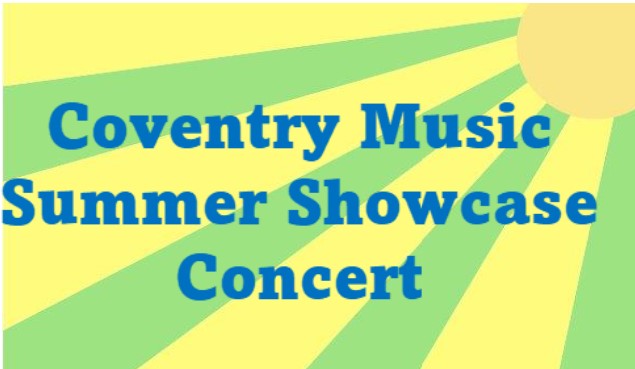 yellow and green sun rays with the words Coventry Music Summer Showcase concert