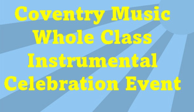 light blue and dark blue rays of light coming from a sun with the words Coventry Music Whole Class Instrumental Celebration Event
