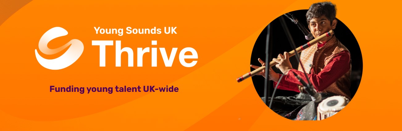 image of a young person playing a wooden flute on a bright orange background with the young sounds logo