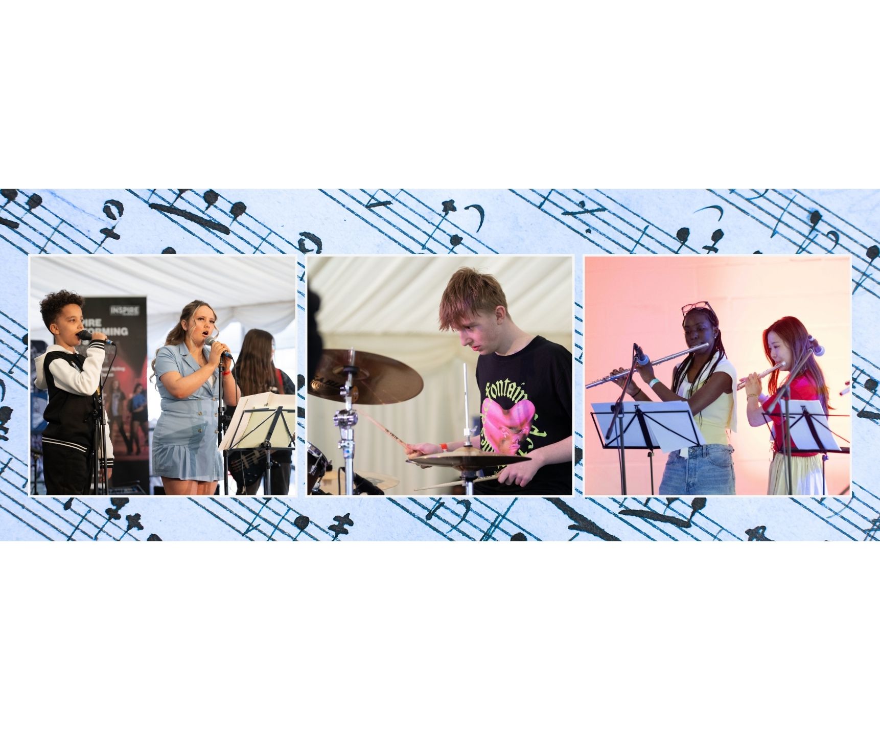 young people singing with microphones, playing a drum kit and playing flutes