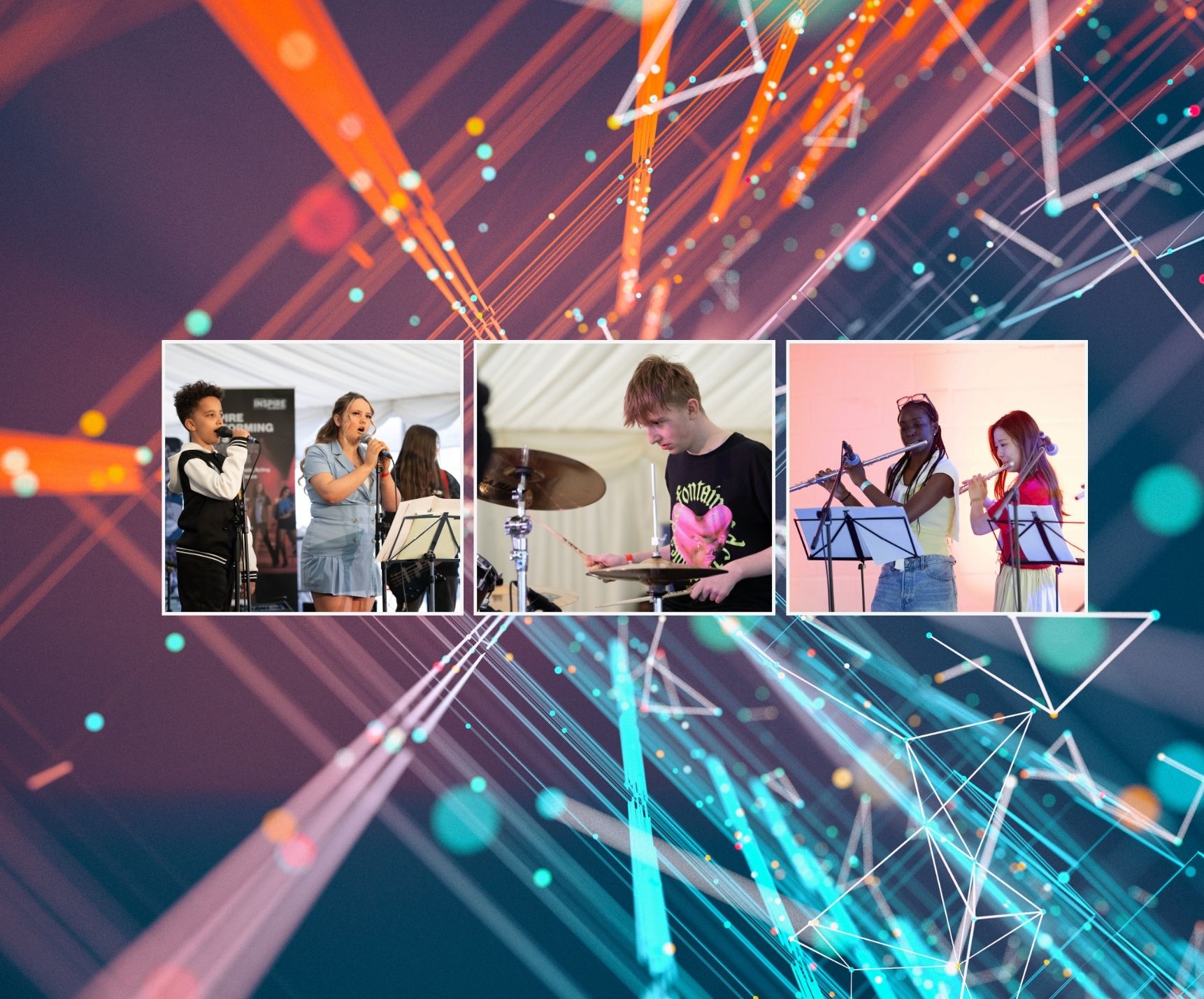 young people singing with microphones, playing a drum kit and playing flutes