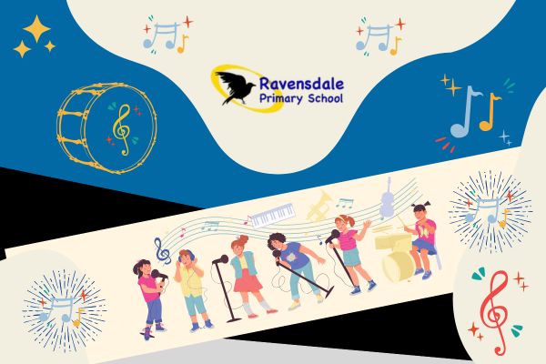 images of colourful musical notes and cartoon children playing musical instruments