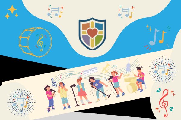 images of colourful musical notes and cartoon children playing musical