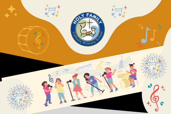 images of colourful musical notes and cartoon children playing musical